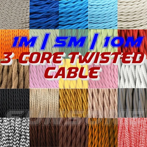 3 Core Lighting Fabric Cable Vintage Coloured Twisted Braided Wire Lamp Flex