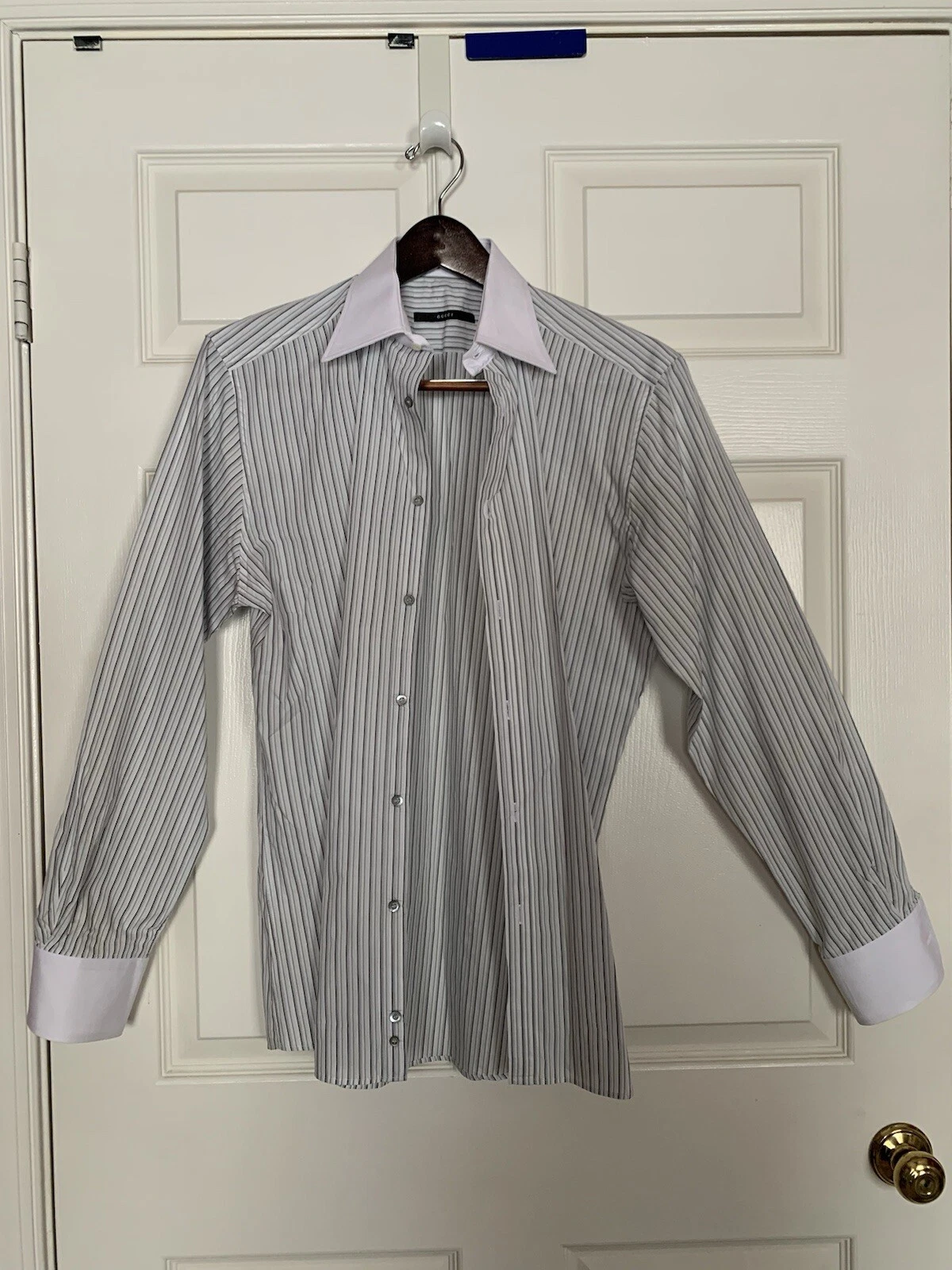 . Chemise homme Gucci classique blanche avec épingle noire rayée Made in Italy 39 15 1/2