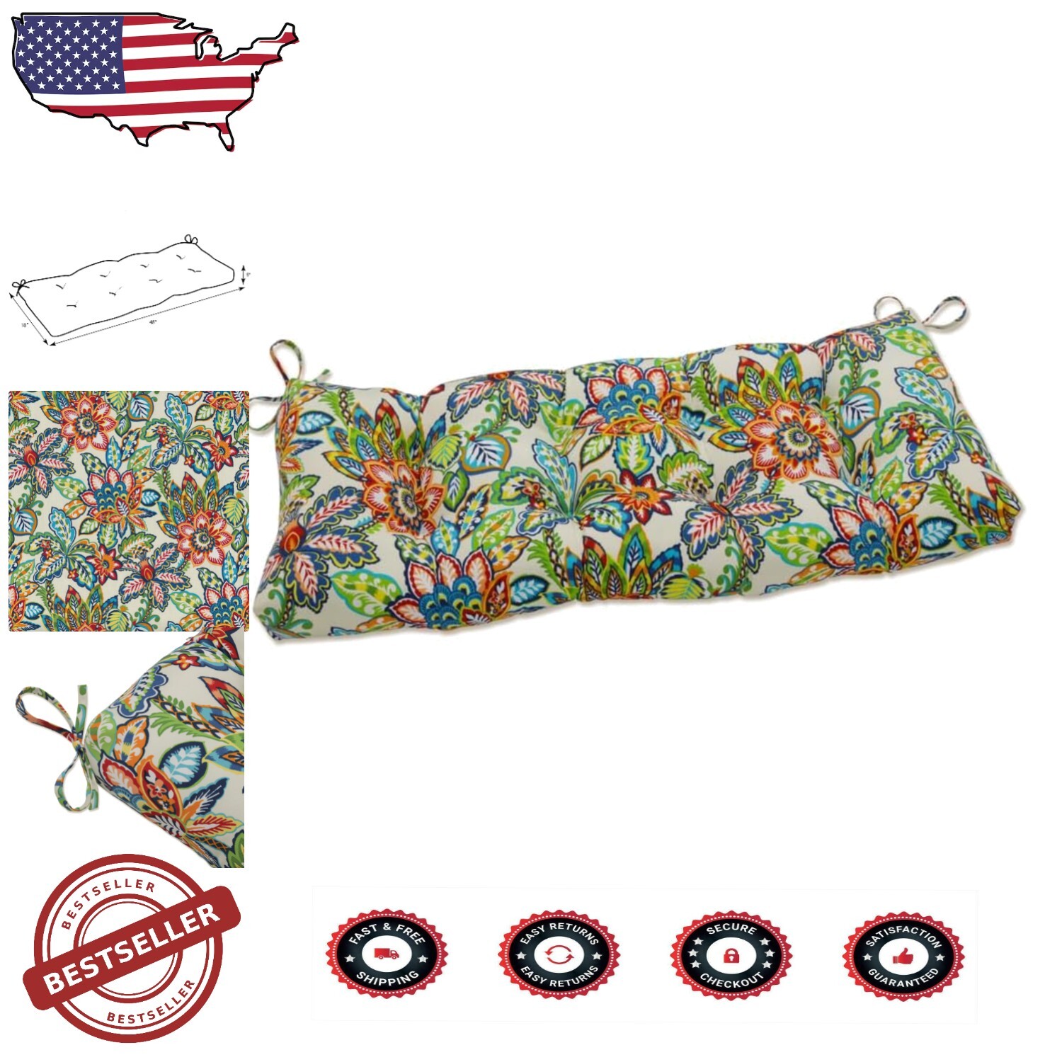 Fade-Resistant Floral Bench Cushion for Indoor/Outdoor Use - 5