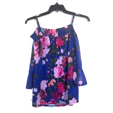 INC Womens Petite PL Blue Wild Lilies Cold Shoulder Top NWT BZ26