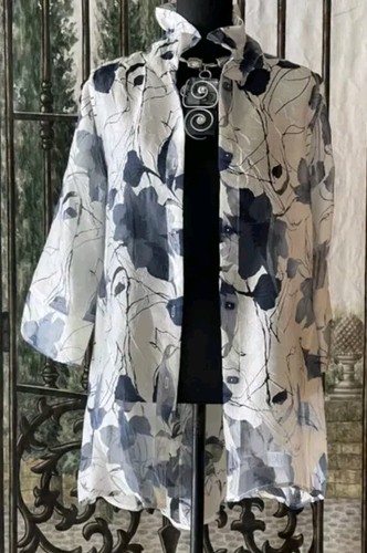 IC Collection by Connie K Sheer Floral Hi-Low Blouse-Ivory/Grey/Blue-Sz S - Picture 6 of 9