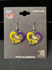 NFL Minnesota Vikings Logo Heart Swirl Dangle Earrings Hypo Allergenic