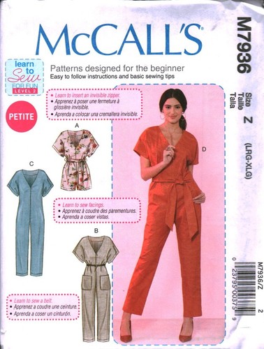 7936 UNCUT McCalls SEWING Pattern Misses Loose Fitting Romper Jumpsuit Belt Easy