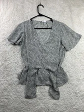 Sienna Sky Blouse Womens XS White Black Wrap Tie Waist Peplum Top Short Sleeve