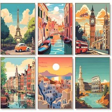 6 Pack Paint by Numbers Kit for Adults Beginners - 8x12 Inch Vintage Travel A...