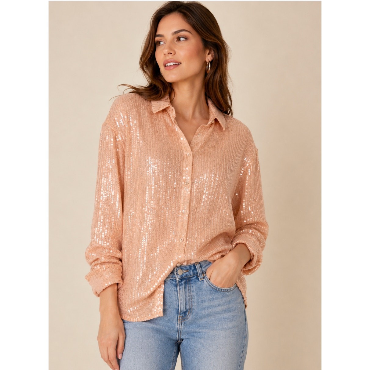 7 For All Mankind NWT Blush Peach Sequin Button Front Shirt Top XS Glam Party