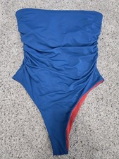 Women's One-Piece Reversible Bandeau Swimsuit Ruched Cutout Back High-leg Sz M