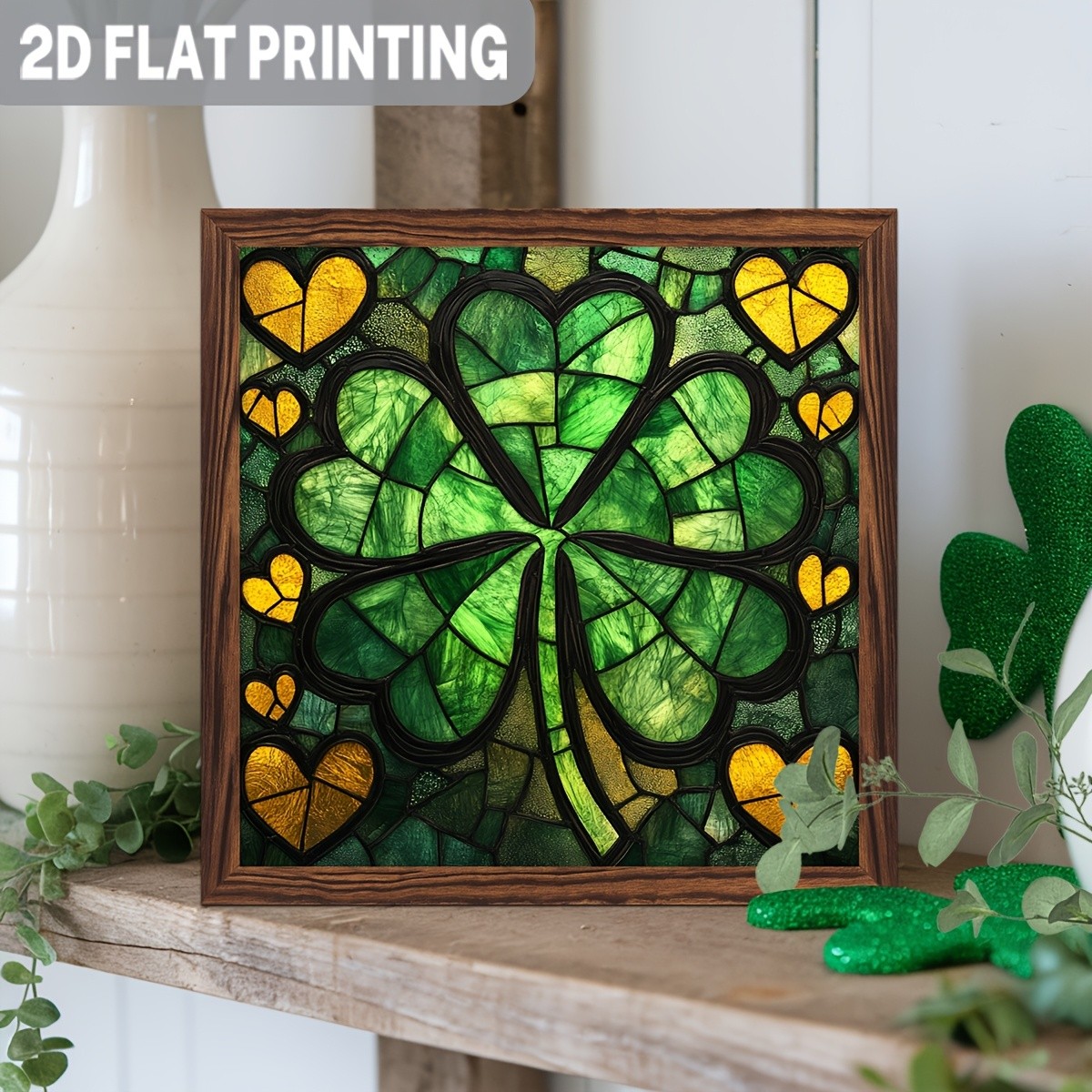 St. Patrick's Day Framed Wooden Wall Decor Shamrock Green Clover Rustic Sign