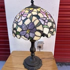 Vtg Tiffany-Style Stained Glass Floral Table Lamp 20” Height Bronze Base