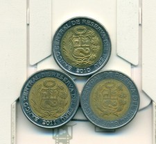 3 DIFFERENT BI-METAL 2 SOL COINS from PERU (2009, 2010 & 2011)