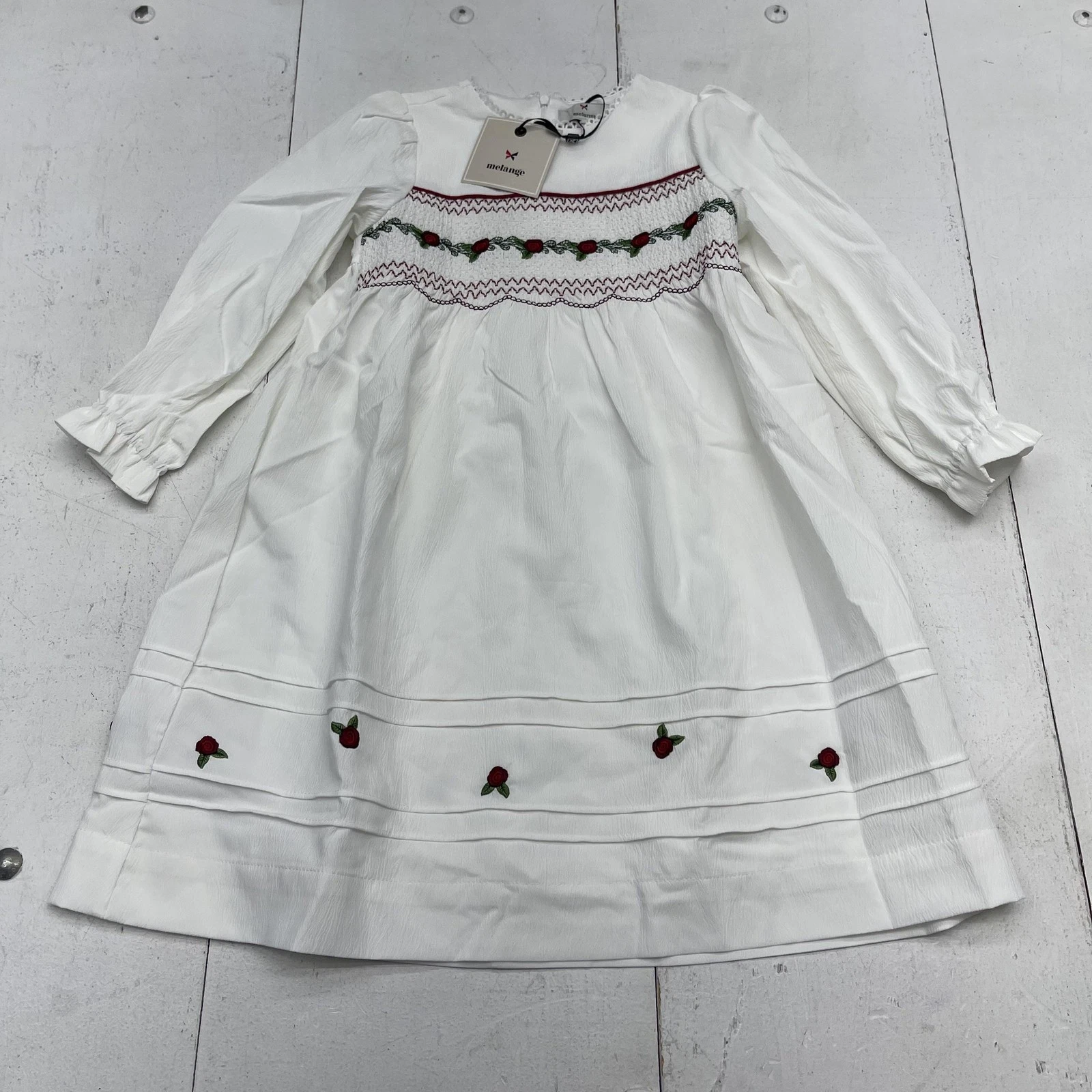 Melange Dress Girls 7 White Long Sleeve Smocking Floral Rose Embroidered