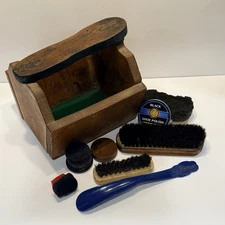Vintage Handmade Shoe Shine Box Lot Brushes Dr Comfort Shoehorn Boot Rest Valet