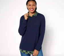 Denim & Co. Heavenly Jersey Solid/Plaid Long Sleeve 2fer Top , Navy Sz M a673723