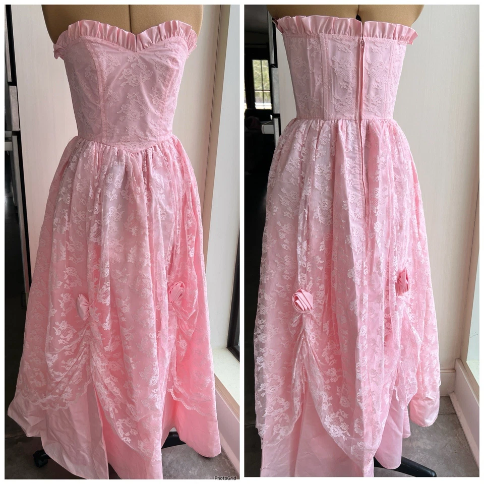 Vestido rosa vintage años 60 encaje fiesta formal vestido rosa hecho a mano graduación sin tirantes Foto 3 de 4