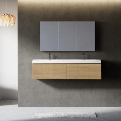 60'' Floating Vanity with Sink, Wall-Mounted Striped Cabinet, Soft-Close Drawer