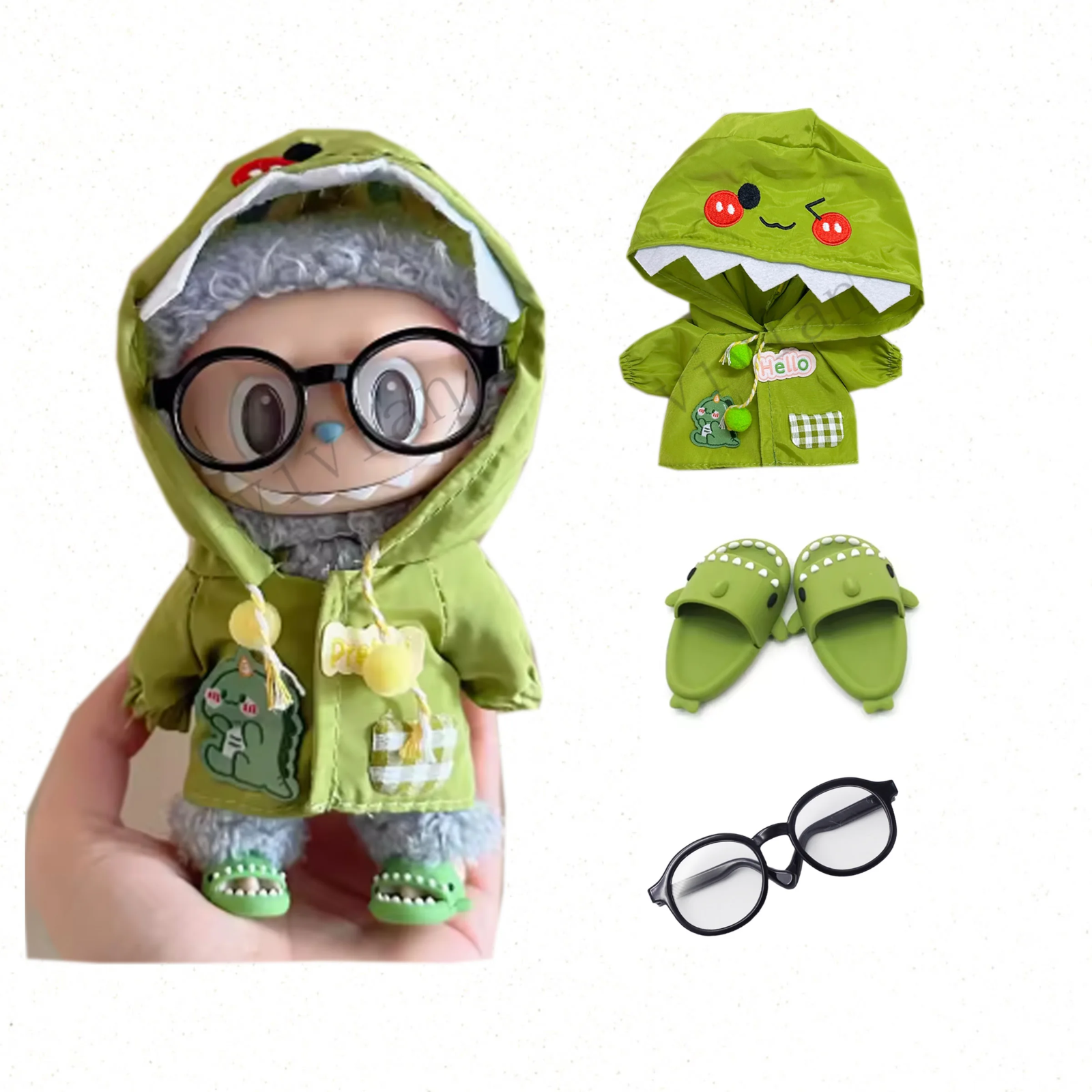 Labubu 15-17cm Doll Raincoat Set Green Yellow Hat Kpop EXO V1 Outfit-image