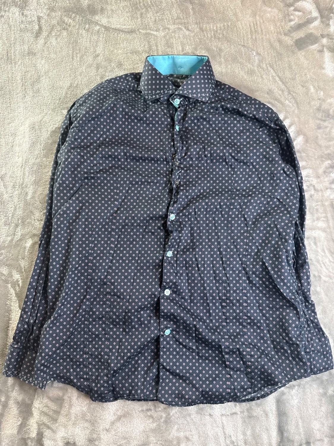 Bogosse Mens Size 4 Long Sleeve Button Down Shirt Navy Blue Geometric Micro