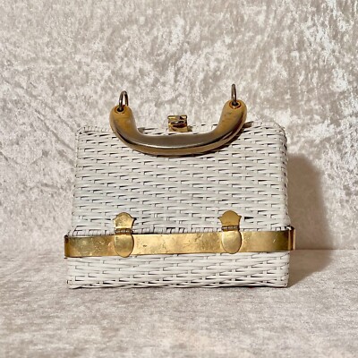 VTG Marcus Brothers White Woven Leather Purse w/ Brass Hardware