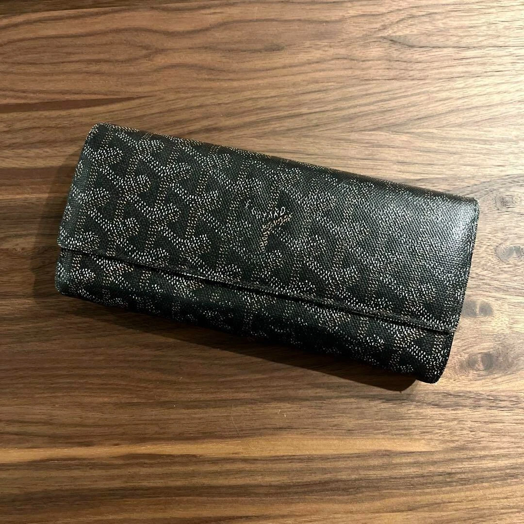 GOYARD Long Wallet Made in France Leather Black & Yellow Herringbone