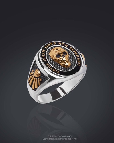 Anello massonico argento 925 placcato oro giallo 750 anello sigillo massonico teschio - Foto 7 di 12