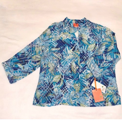 New Hearts of Palm Blue/Green Mesh Blouse Button Down Tropical See-Through Sz 16 - Picture 4 of 7