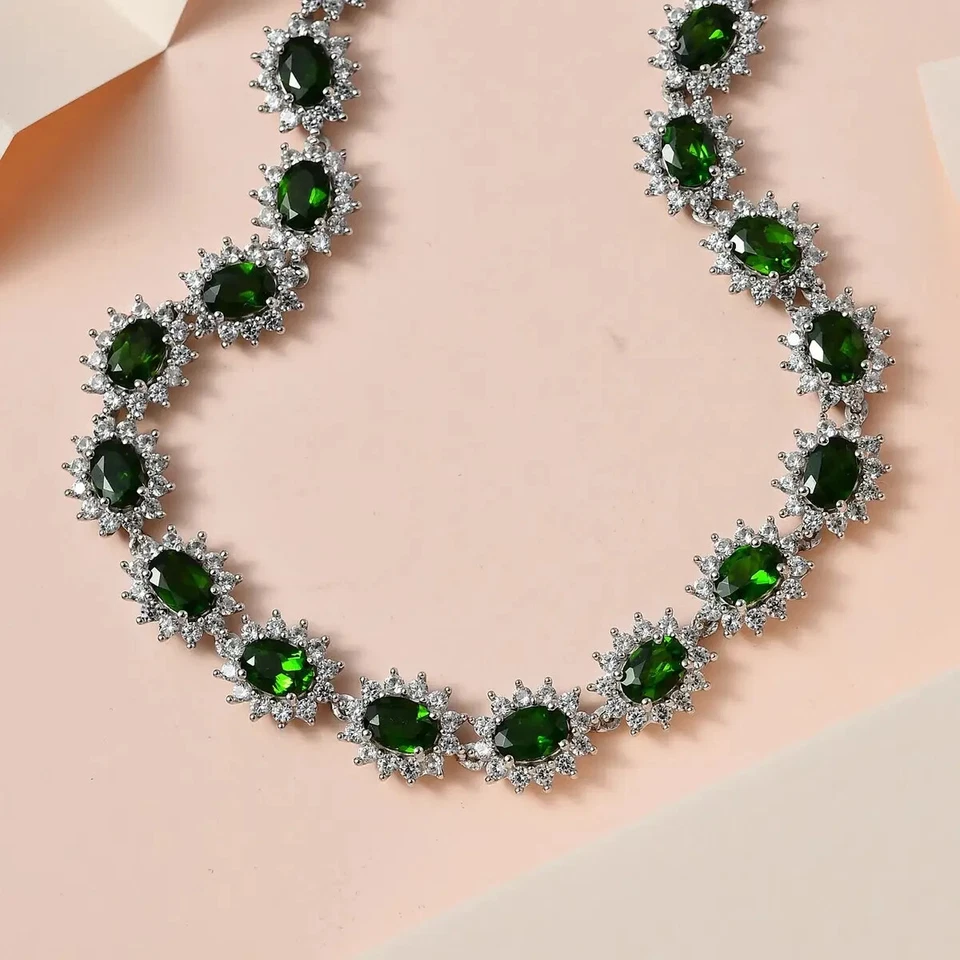 Collar de diopsidos cromados y circonitas blancas 18-20 pulgadas en platino sobre esterlina Foto 2 de 4