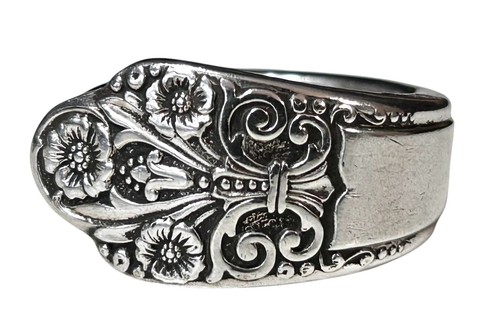 Vintage Art Deco PRECIOUS Floral Flower Spoon Ring Size 9 Silver Plated