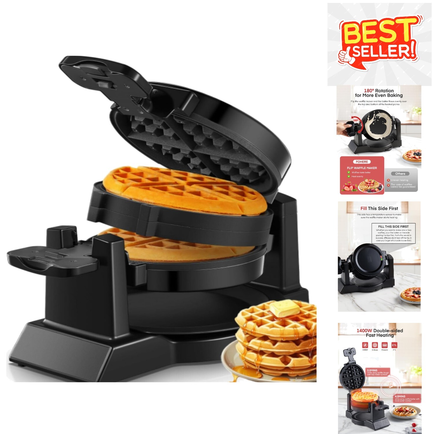 Rotating Waffle Maker with Locking Lid & Drip Tray - Ideal for Family Use-image