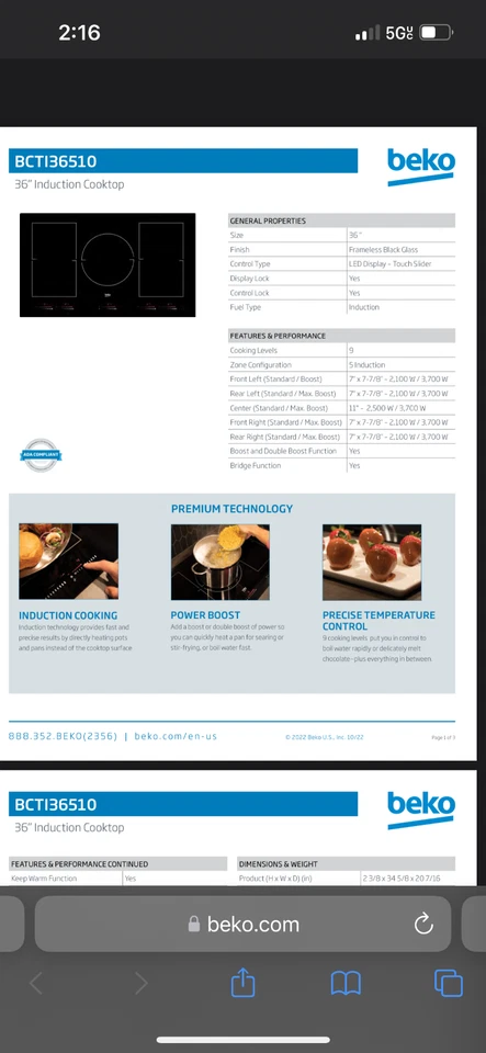 Beko BCTI36510 36" Placa de Inducción con 5 Quemadores Vidrio Negro Foto 2 de 4