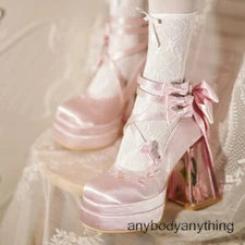 Lolita Sweet Women's Bowknot Cross Strap Buckle High Block Heels Mary Jane Shoes