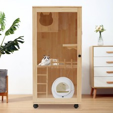 Large Wooden Indoor Cat Enclosure Catio Cage with Ramp and Covered Cat House Kit