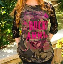 Southern Grace Womens Camo & Bucks Ammo & Trucks 3/4 Sleeve Pink Glitter Top 2XL
