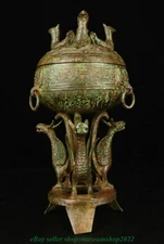 13.6" Old Chinese Bronze Ware Dynasty 3 Bird Beast Handle Word Incense Burner