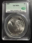 1925 $1 CAC  MS 64 Green Bean Peace Silver Dollar Problem Free Holder