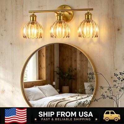 LETRY Tulip Glass Shade Amber 3-Lights Vanity Lights Floral Bathroom Wall Sconce