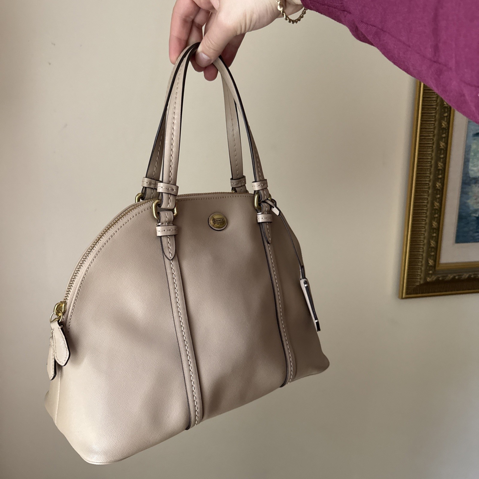 Coach Peyton Cora Domed Satchel Bag Beige Sand Tan Saffiano Leather # F25671 image 4