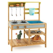 Wooden Play Kitchen Set, Outdoor Kid s Mud Kitchen w/ Faucet Water Box