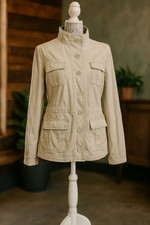 DKNY Jeans Jacket Womens Medium Beige Utility Button Zip Pockets Stretch Casual