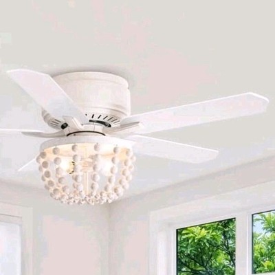 48 in White Flush Mount Indoor Ceiling Fan w/ Light, Remote, Timer, 5 Blades