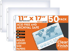 50 Pack of Sheet Protectors, 11" X 17" Landscape Clear Top Loading Sleeves Paper