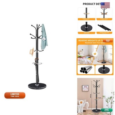 ZOZOE Metal Coat Rack Stand with Marble Base, 12 Hooks & Umbrella Holder Black
