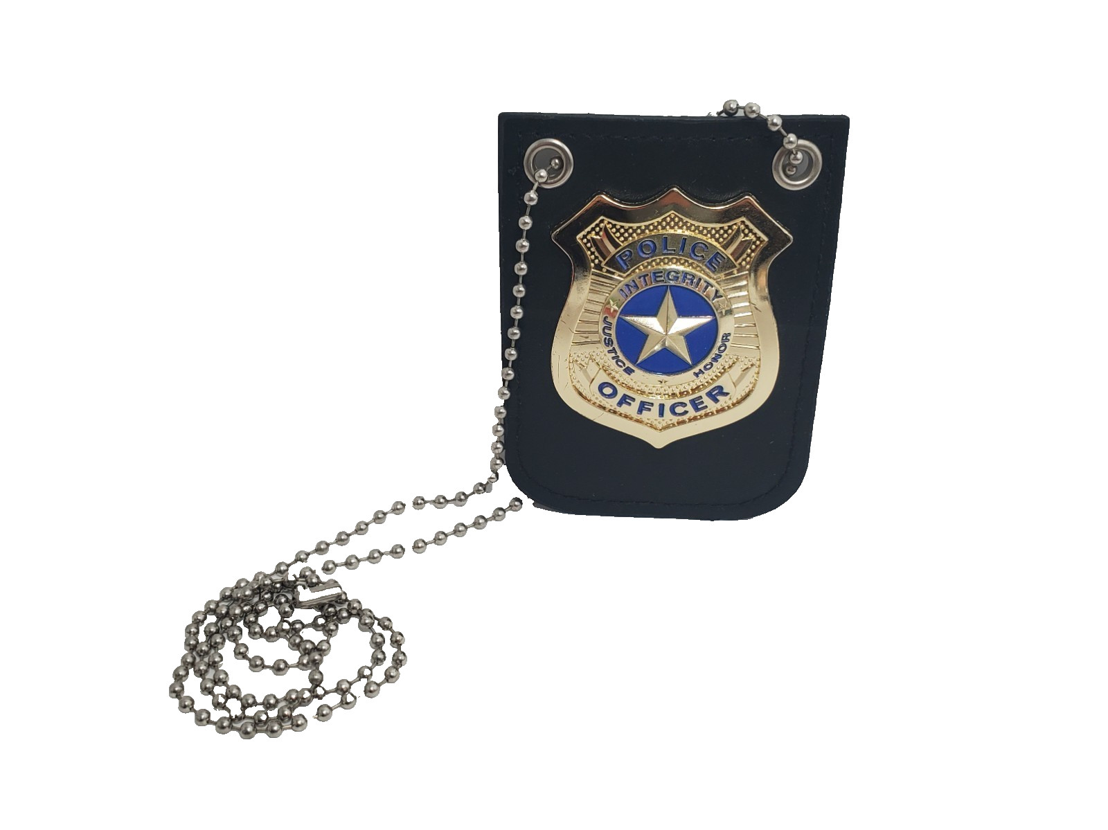 Police Officer Badge Leather Holder Clip Neck Chain Costume Prop Replica