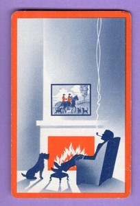 1 Single Swap Playing Card SILHOUETTE DOG MAN SMOKING PIPE BY FIRE DECO VINTAGE