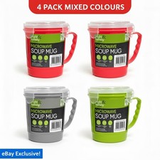 Set of 4 Microwave Soup Mugs with Handles and Lids 700ml airtight lock bowl cup