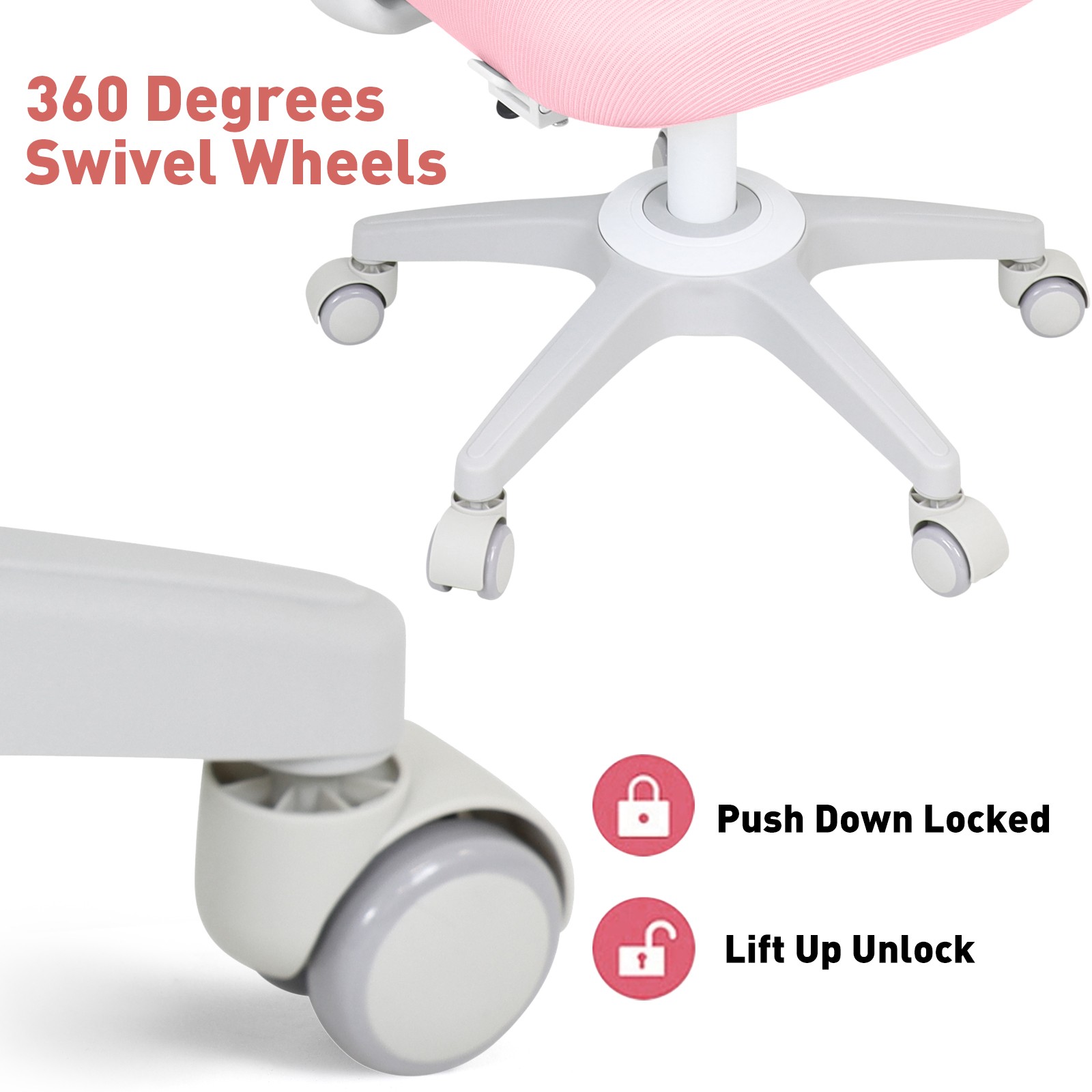 Gray/Pink Kids Study Chair Computer Chair Back-Following,Sit-Locking,360°Casters