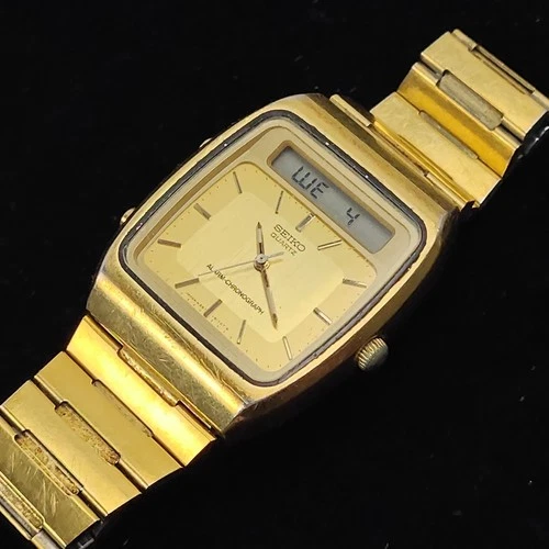 Vintage Men's Seiko H357-5109 Ana+Digi Alarm Chronograph Gold Tone Quartz Runs