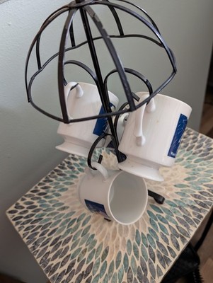 Morton Salt Advertising Mugs Set of 4 White Blue Yellow with umbrella stand 