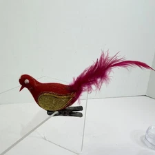 Vtg Clip On Bird Christmas Ornaments 4” Red Flocked Glitter Feather Japan L2552