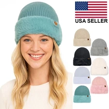 C.C Exclusive Soft Warm Solid Color Fur Cuff Winter Knit Beanie Hat