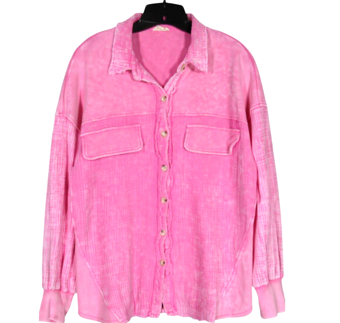 OTT Bright Pink RIBBED GAUZE Button-Up EXPOSED RAW HEM Pockets SHIRT/TOP Sz M/L